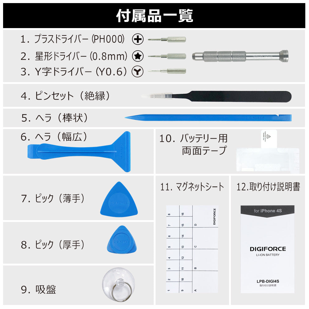 【iPhone 4S】互換バッテリー 取説・工具付き 1430mAh T2-IP4S