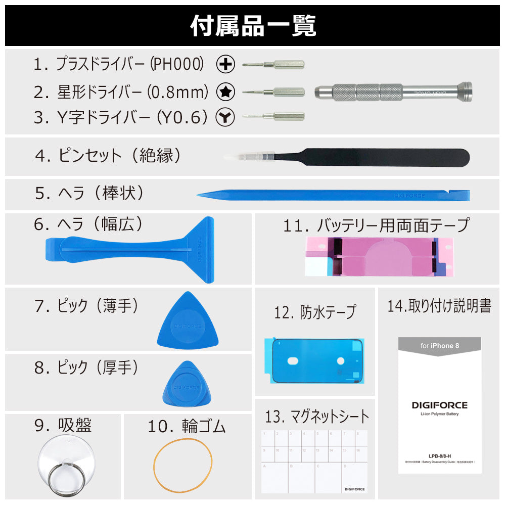 【iPhone 8】大容量互換バッテリー 取説・工具付き 2250mAh T2-IP8H