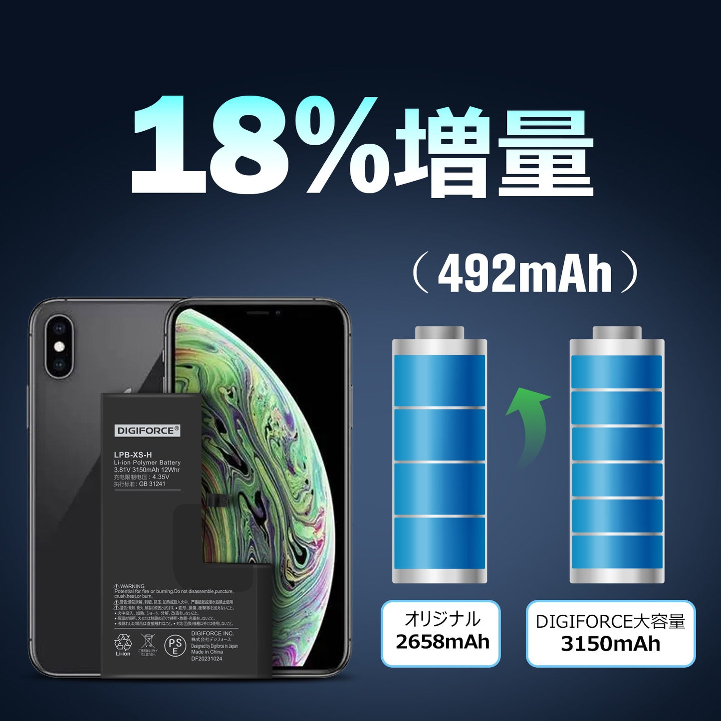 【iPhone XS】大容量互換バッテリー 取説・工具付き 3150mAh T2-IPXSH