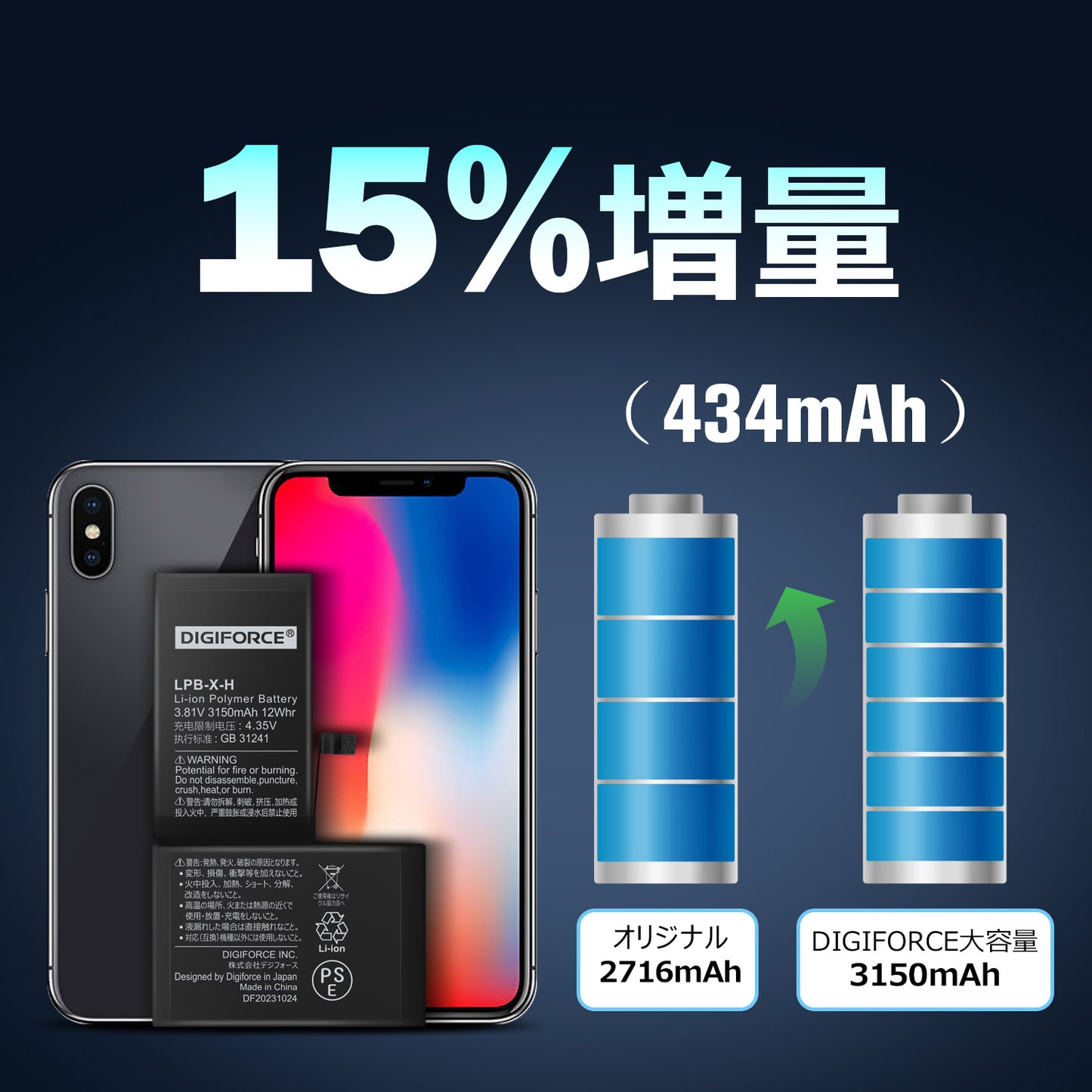 【iPhone X】大容量互換バッテリー 取説・工具付き 3050mAh T2-IPXH