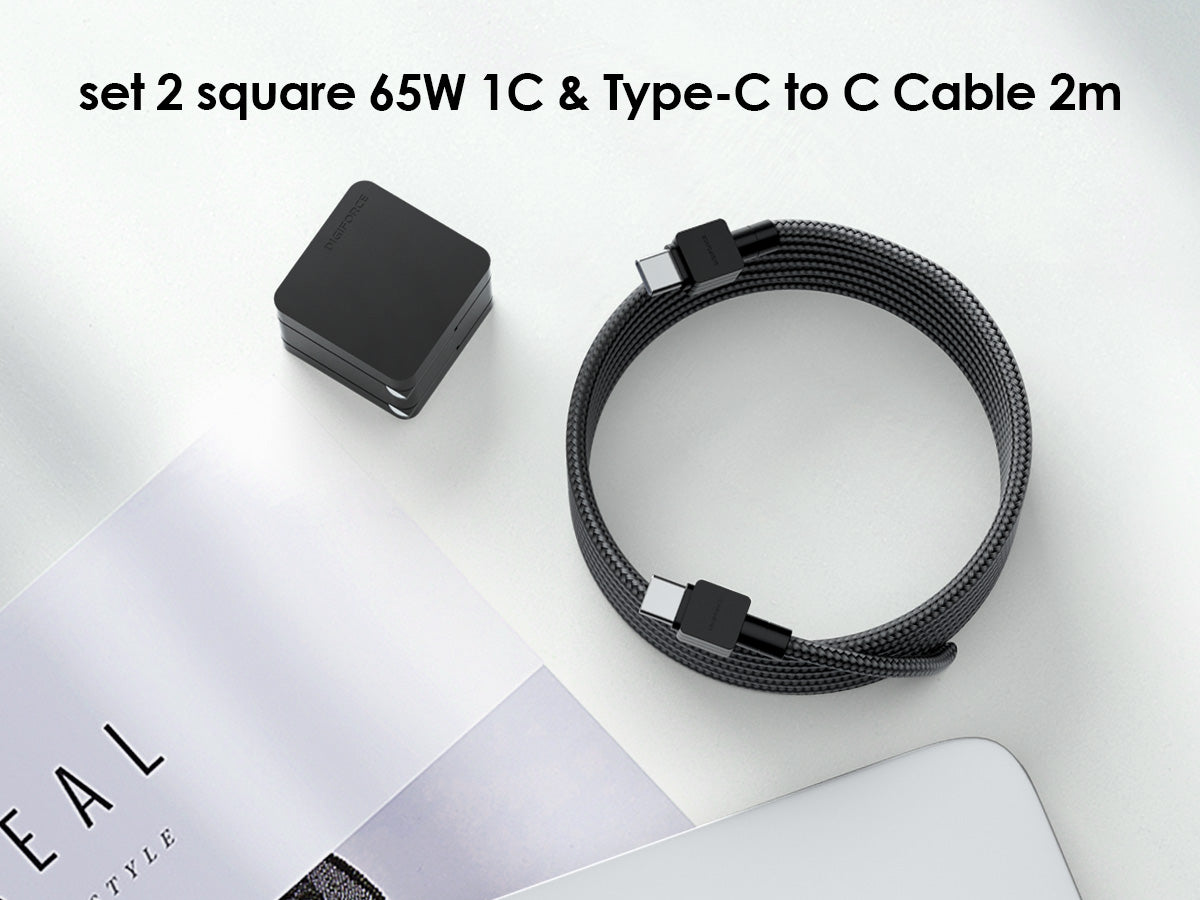 【set2 square 65W 1C & Type-C to C Cable 2m 100W】ACアダプター 急速充電 Type-C to C (2m) ケーブルセット ノートパソコン タブレット端末 D0108